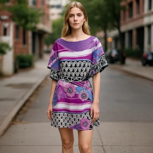 BCBGMaxAzria Deco Scarf Print Dress Purple Floral Geometric Short Sleeve Size LG - Picture 1 of 11